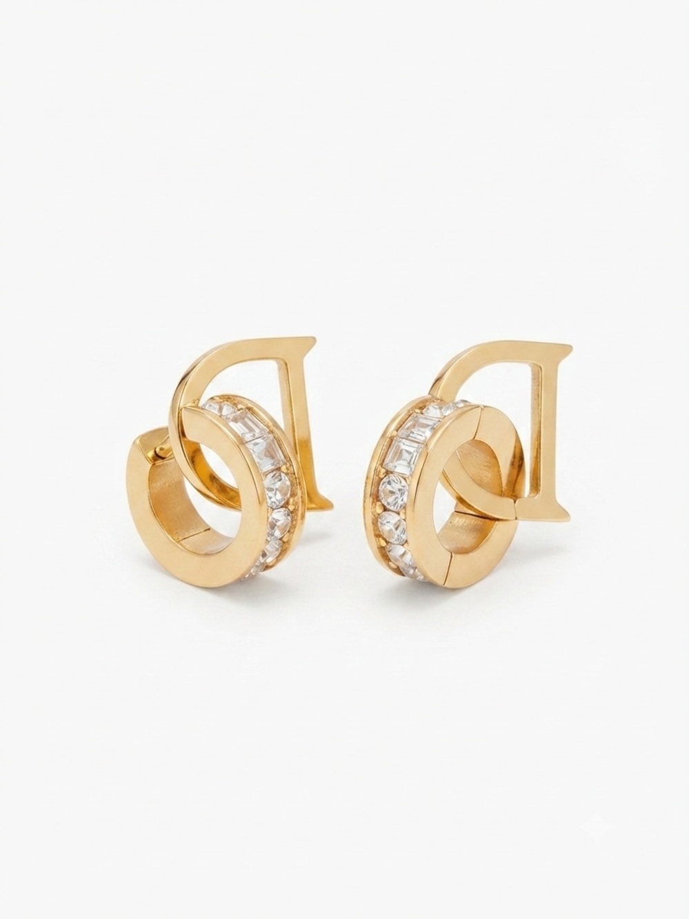 Gold Crystal D-Initial Hoop Stud Earrings